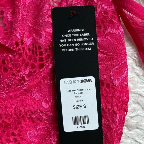 NWT Fashion Nova Keep Her Secret Lace Babydoll Lingerie Dress Hot Pink Lace Pjs - Picture 6 of 7